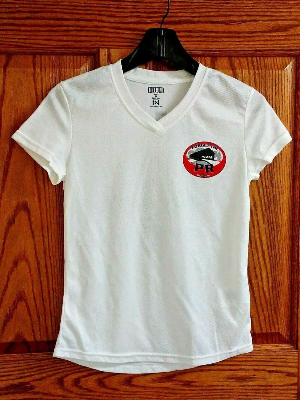 Helium Women's White V-Neck Tee with Red Patch Logo